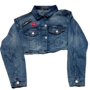 GUESS Vintage Y2K Cropped Denim Jacket Embroidered Patches Women's | Sz L